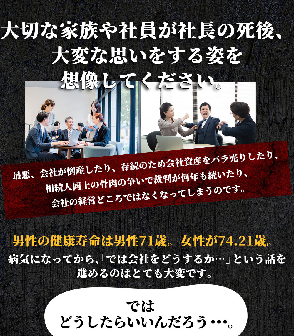 大切な家族や社員が社長の死後、多変な思いをする姿を想像してください。