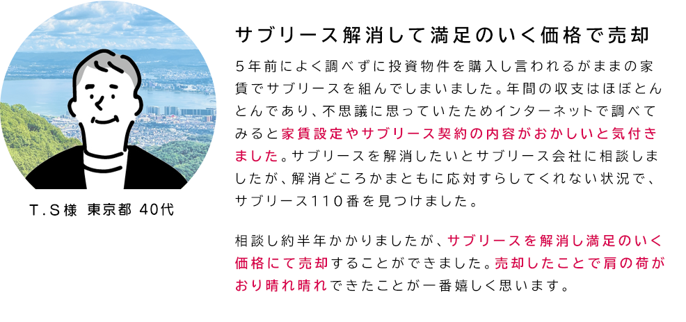「サブリース解消して満足のいく価格で売却」５年前によく調べずに投資物件を購入し言われるがままの家賃でサブリースを組んでしまいました。年間の収支はほぼとんとんであり、不思議に思っていたためインターネットで調べてみると家賃設定やサブリース契約の内容がおかしいと気付きました。サブリースを解消したいとサブリース会社に相談しましたが、解消どころかまともに応対すらしてくれない状況で、サブリース１１０番を見つけました。相談し約半年かかりましたが、サブリースを解消し満足のいく価格にて売却することができました。売却したことで肩の荷がおり晴れ晴れできたことが一番嬉しく思います。
