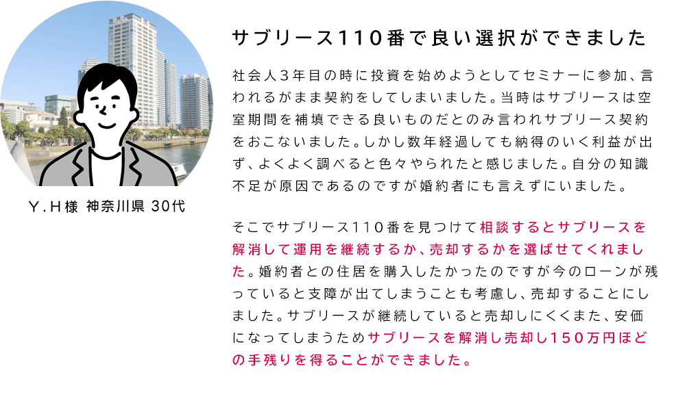 「サブリース110番で良い選択ができました」社会人３年目の時に投資を始めようとしてセミナーに参加、言われるがまま契約をしてしまいました。当時はサブリースは空室期間を補填できる良いものだとのみ言われサブリース契約をおこないました。しかし数年経過しても納得のいく利益が出ず、よくよく調べると色々やられたと感じました。自分の知識不足が原因であるのですが婚約者にも言えずにいました。そこでサブリース１１０番を見つけて相談するとサブリースを解消して運用を継続するか、売却するかを選ばせてくれました。婚約者との住居を購入したかったのですが今のローンが残っていると支障が出てしまうことも考慮し、売却することにしました。サブリースが継続していると売却しにくくまた、安価になってしまうためサブリースを解消し売却し１５０万円ほどの手残りを得ることができました。
