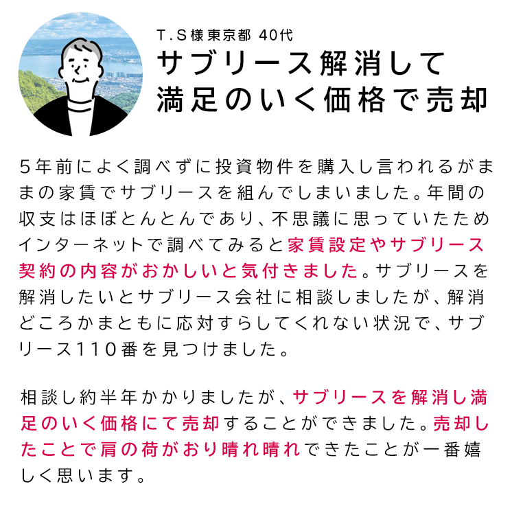 「サブリース解消して満足のいく価格で売却」５年前によく調べずに投資物件を購入し言われるがままの家賃でサブリースを組んでしまいました。年間の収支はほぼとんとんであり、不思議に思っていたためインターネットで調べてみると家賃設定やサブリース契約の内容がおかしいと気付きました。サブリースを解消したいとサブリース会社に相談しましたが、解消どころかまともに応対すらしてくれない状況で、サブリース１１０番を見つけました。相談し約半年かかりましたが、サブリースを解消し満足のいく価格にて売却することができました。売却したことで肩の荷がおり晴れ晴れできたことが一番嬉しく思います。