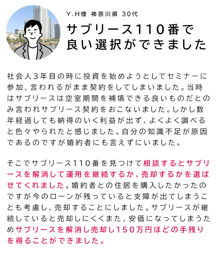 「サブリース110番で良い選択ができました」社会人３年目の時に投資を始めようとしてセミナーに参加、言われるがまま契約をしてしまいました。当時はサブリースは空室期間を補填できる良いものだとのみ言われサブリース契約をおこないました。しかし数年経過しても納得のいく利益が出ず、よくよく調べると色々やられたと感じました。自分の知識不足が原因であるのですが婚約者にも言えずにいました。そこでサブリース１１０番を見つけて相談するとサブリースを解消して運用を継続するか、売却するかを選ばせてくれました。婚約者との住居を購入したかったのですが今のローンが残っていると支障が出てしまうことも考慮し、売却することにしました。サブリースが継続していると売却しにくくまた、安価になってしまうためサブリースを解消し売却し１５０万円ほどの手残りを得ることができました。
